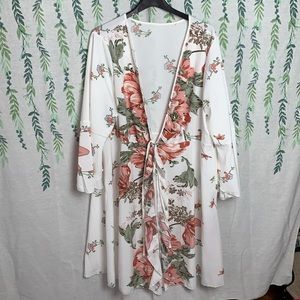 White & Pink Floral Ruffle Hem/Sleeves Front Tie Kimono - XL